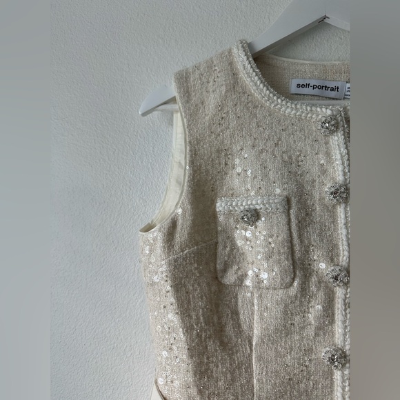 Self Portrait Cream Sequin Boucle Tailored Midi Dress - Picture 8 of 12